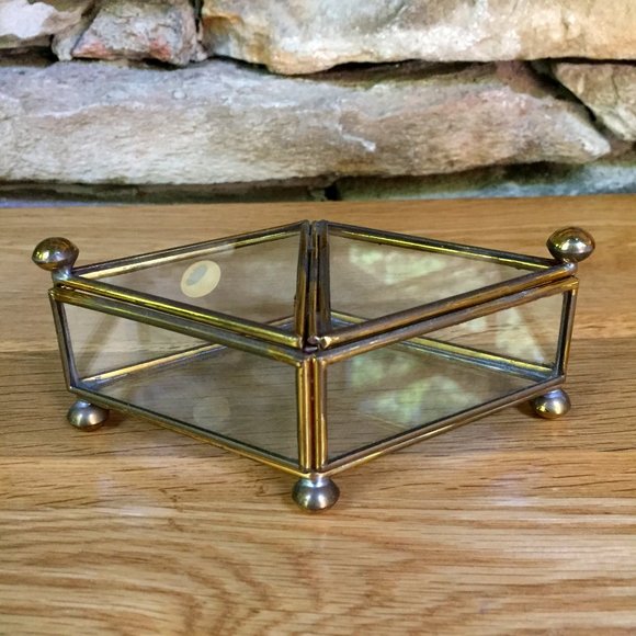 Vintage Brass Glass Jewelry Box 2-sided Mexico Lid